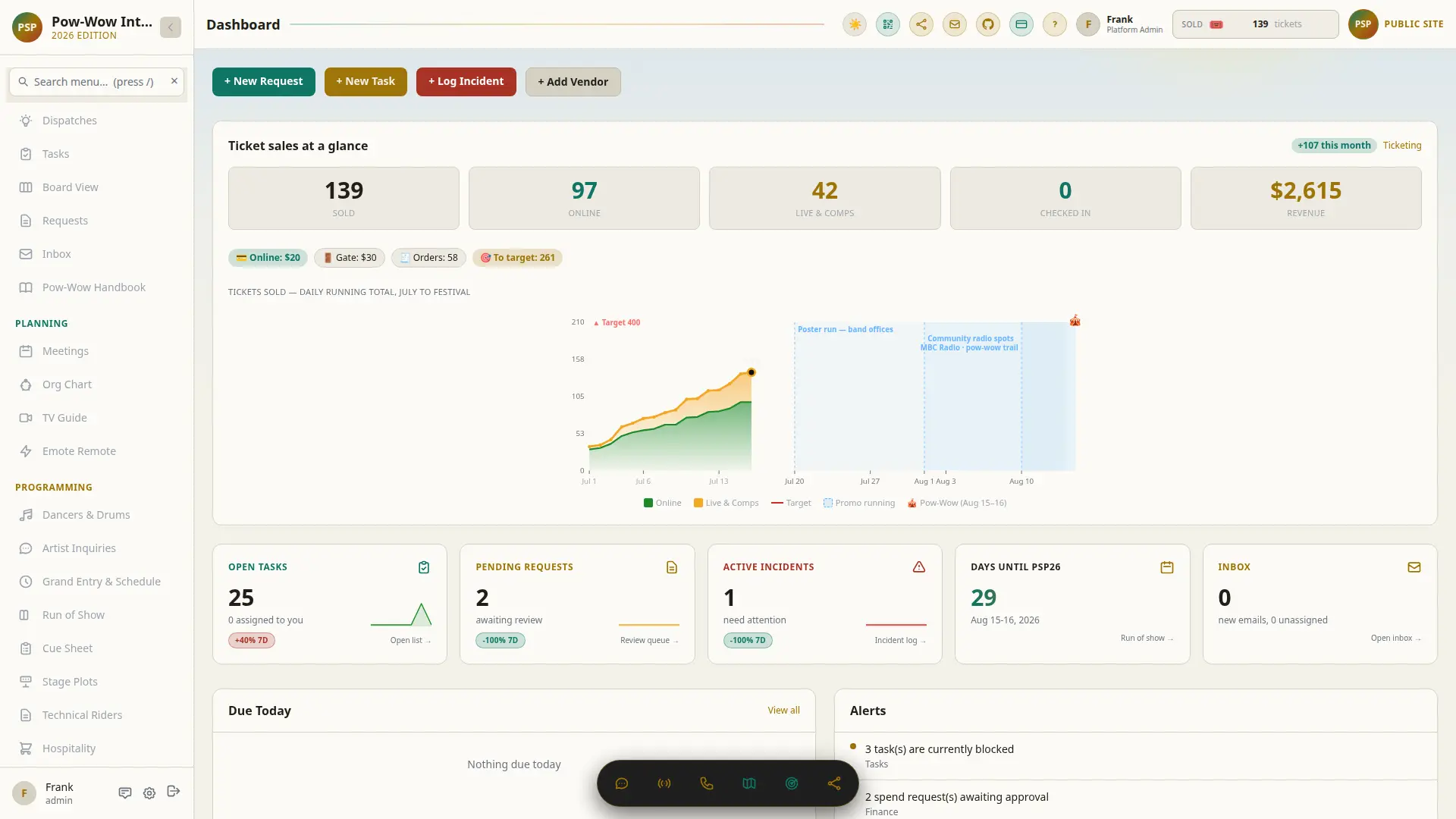 Helm dashboard showing a live pow-wow weekend: schedule, registrations, tasks, and vendor status on one screen