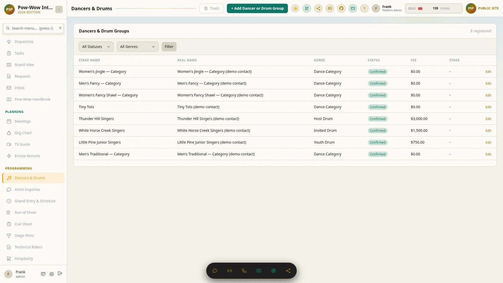 Registration screen listing dancers and drum groups with categories