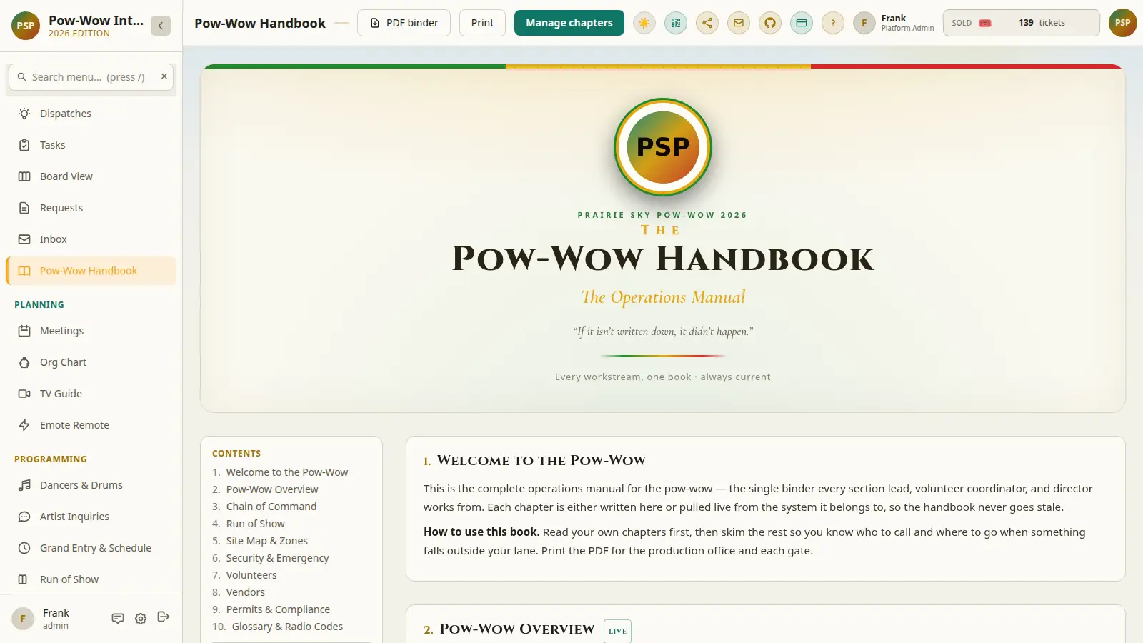 Event handbook: living operations manual generated from event settings